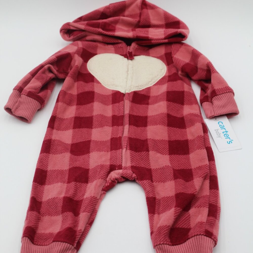Carter's Burgundy Plaid Fleece Heart Sherpa One Piece Zip Up Romper 6 Months NWT